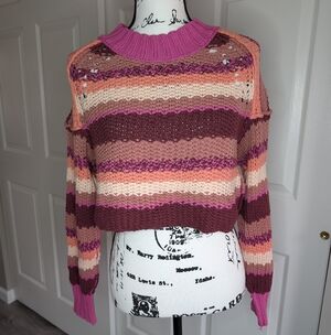 Free People Striped Cropped Crewneck Sweater in Pink, Mauve & Brown